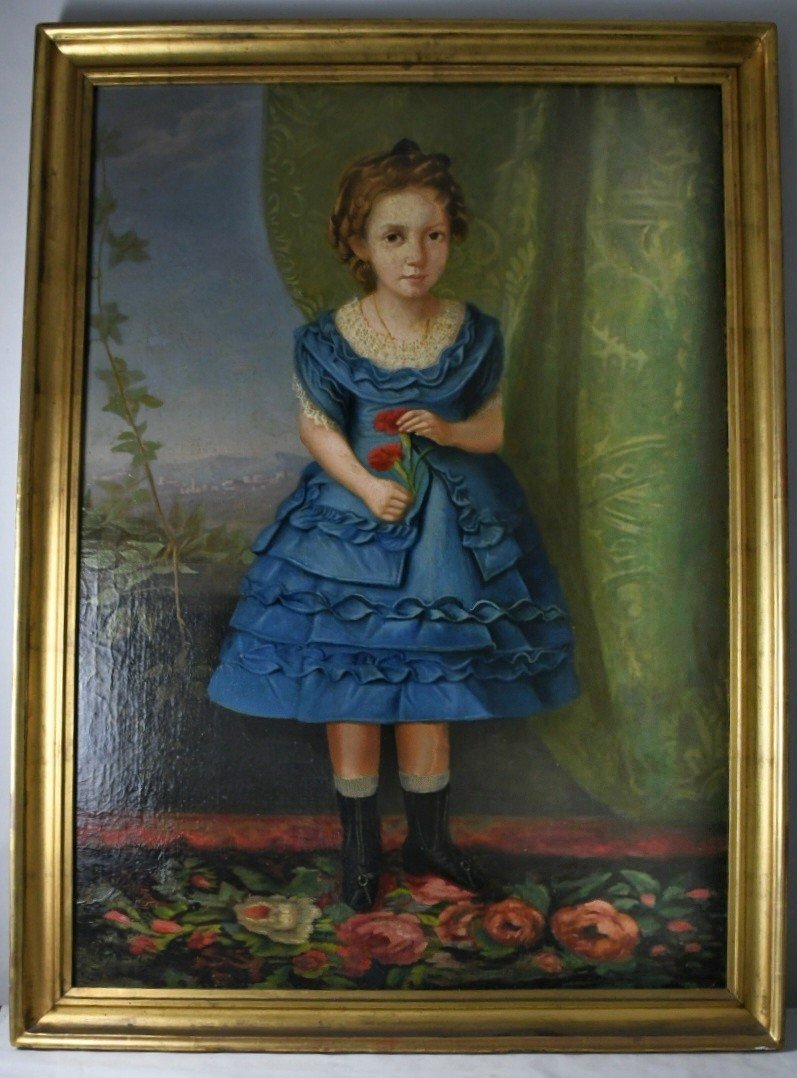 Portrait Of A Little Girl In A Blue Dress Italian School 1880